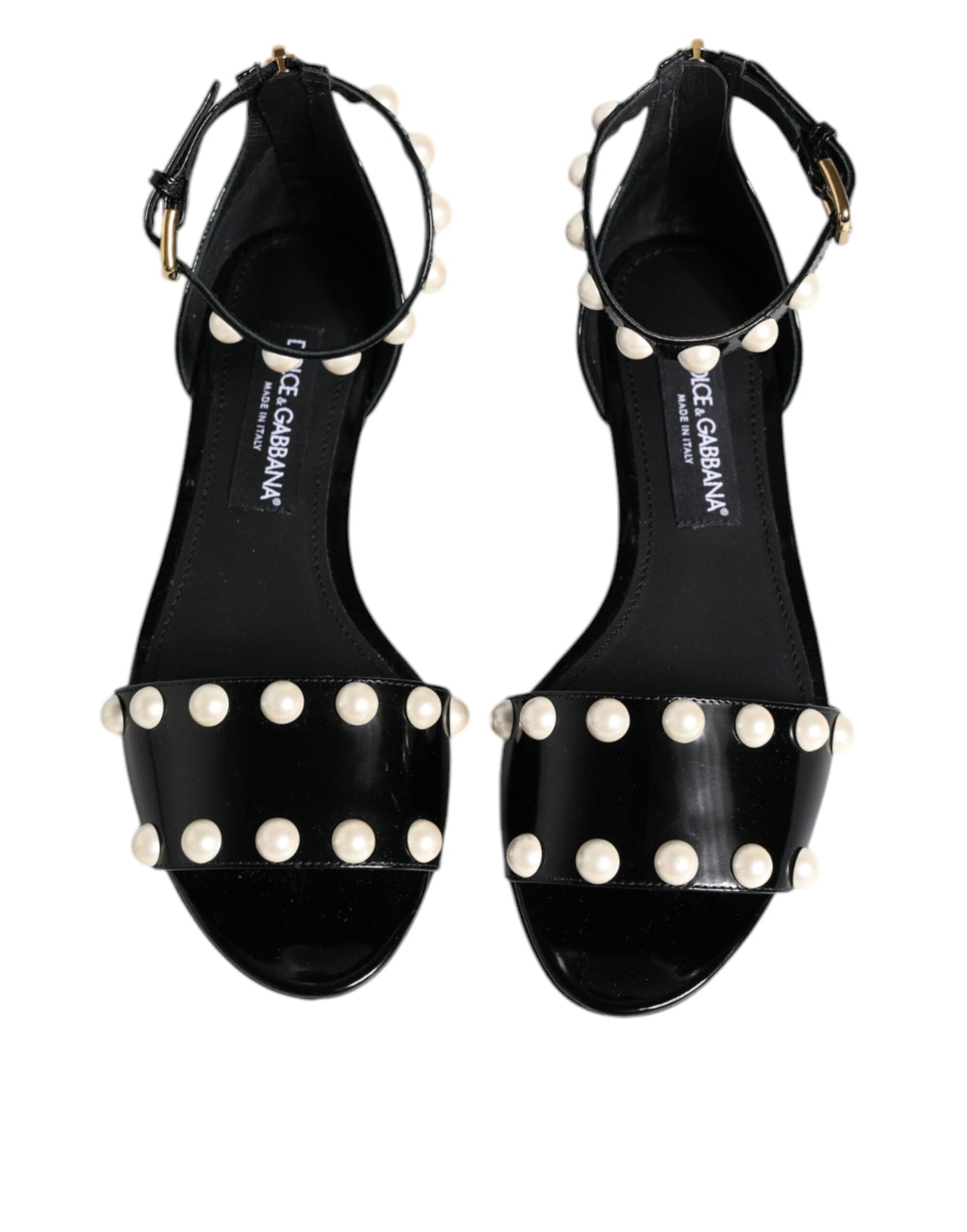  - Black Leather Pearls Ankle Strap Sandals Shoes