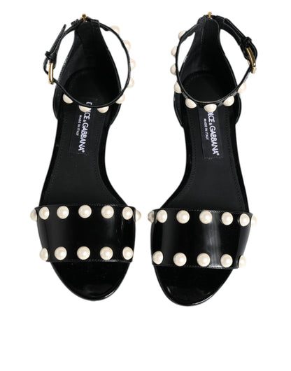  - Black Leather Pearls Ankle Strap Sandals Shoes