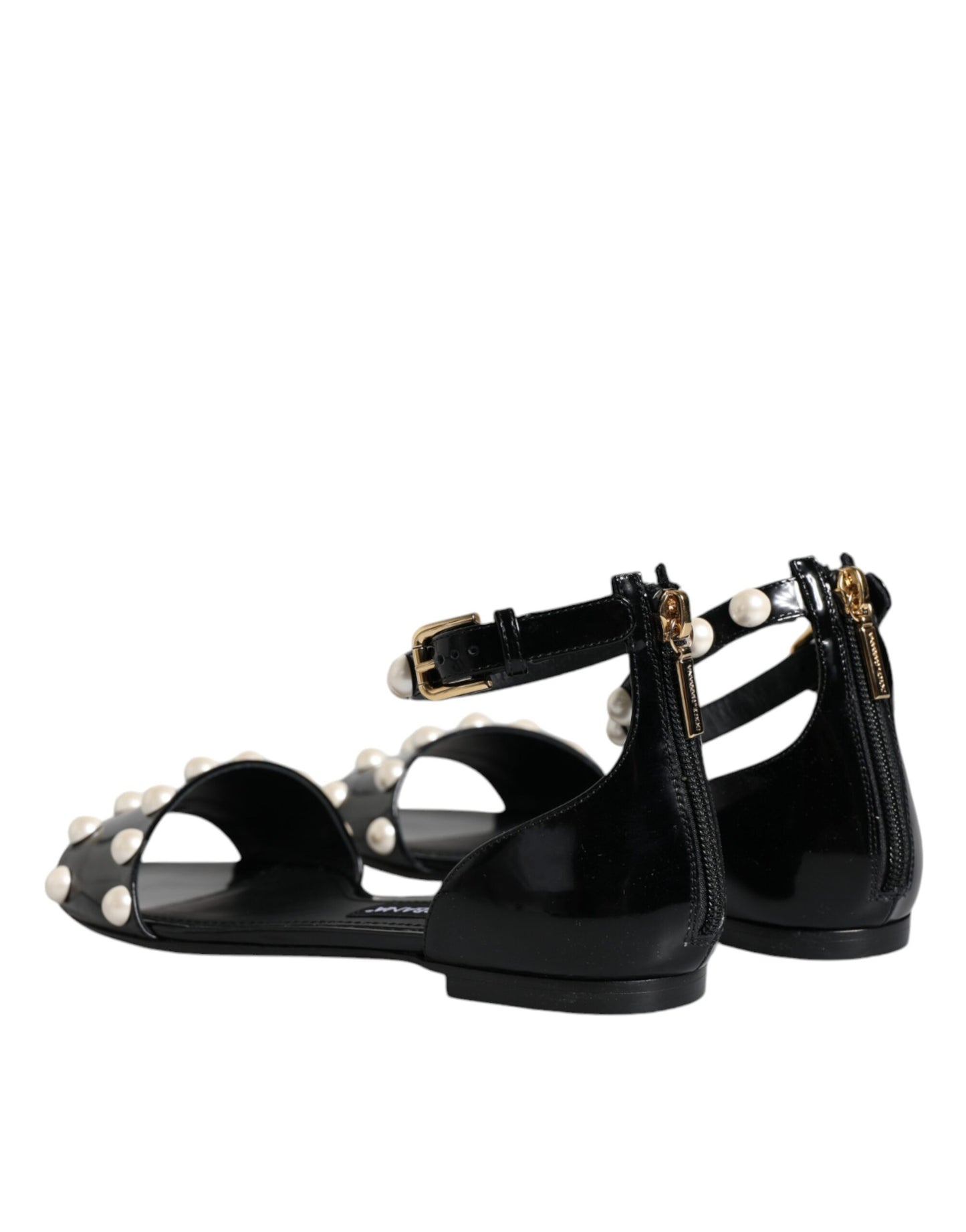  - Black Leather Pearls Ankle Strap Sandals Shoes