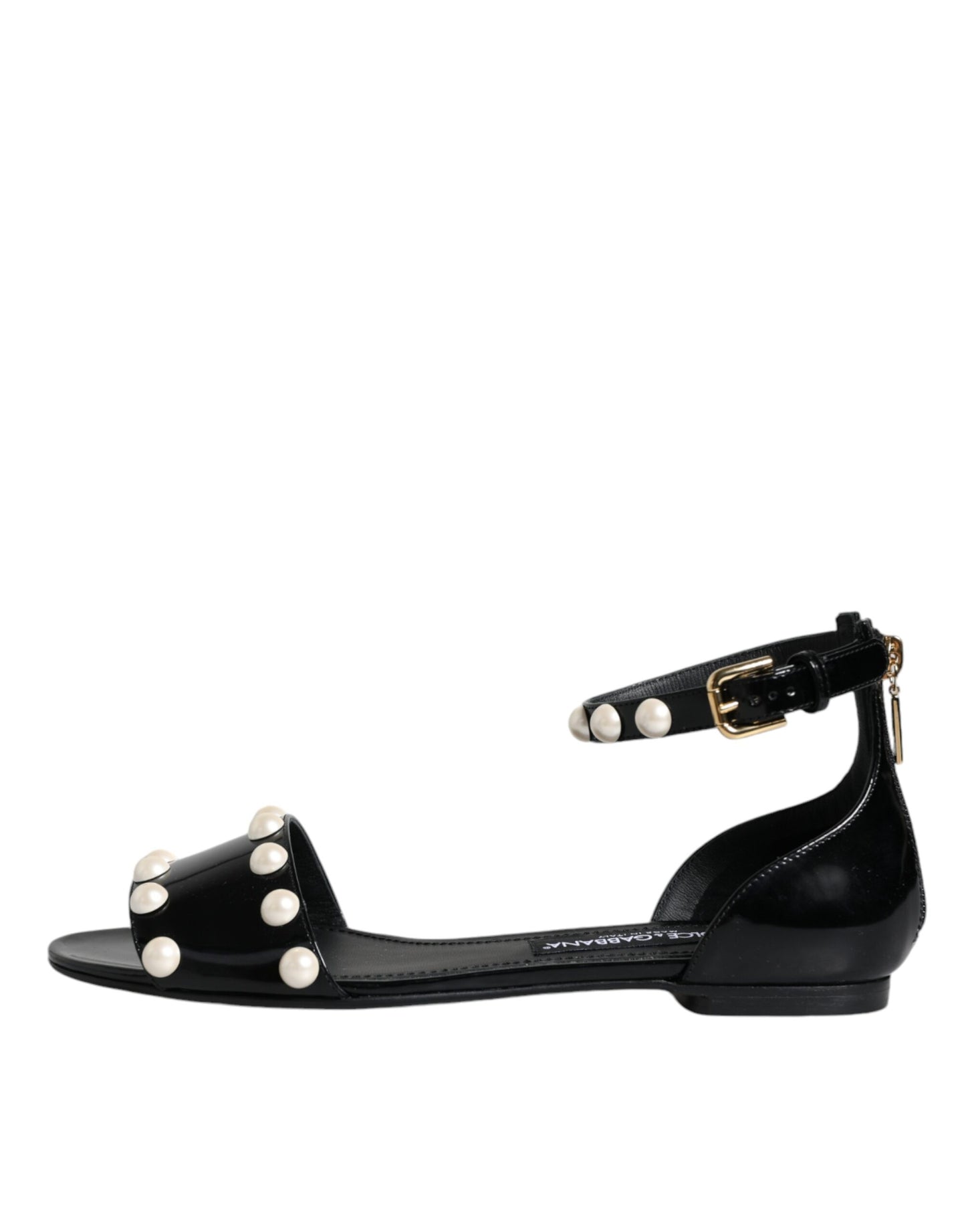  - Black Leather Pearls Ankle Strap Sandals Shoes