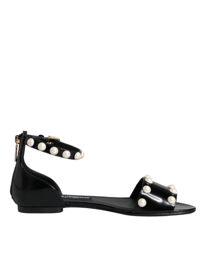  - Black Leather Pearls Ankle Strap Sandals Shoes