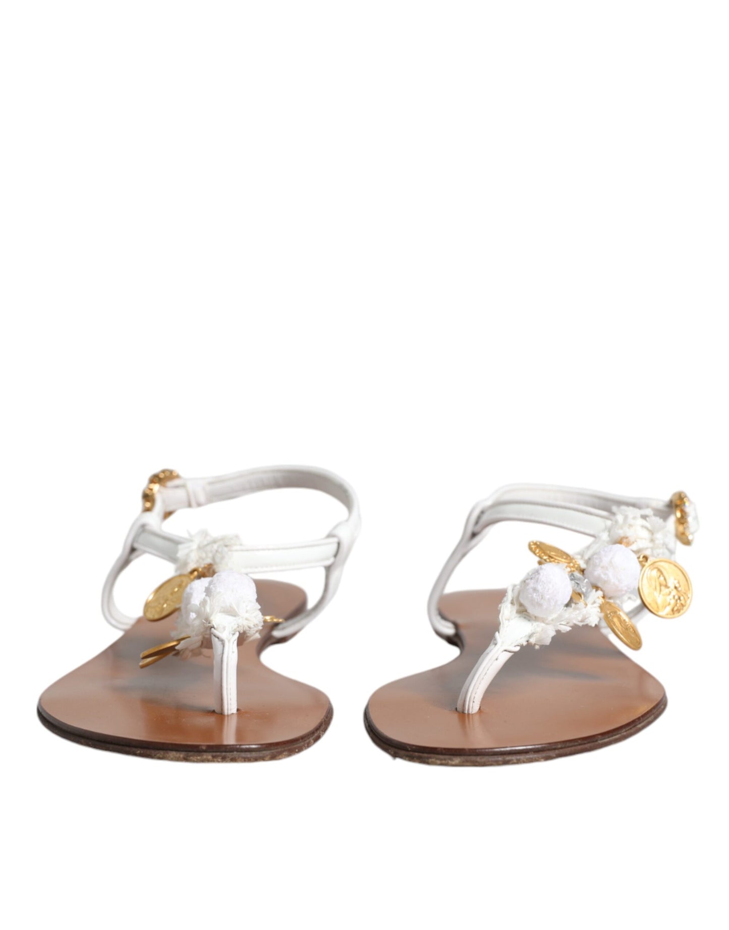  - White Leather Coins Flip Flops Sandals Shoes