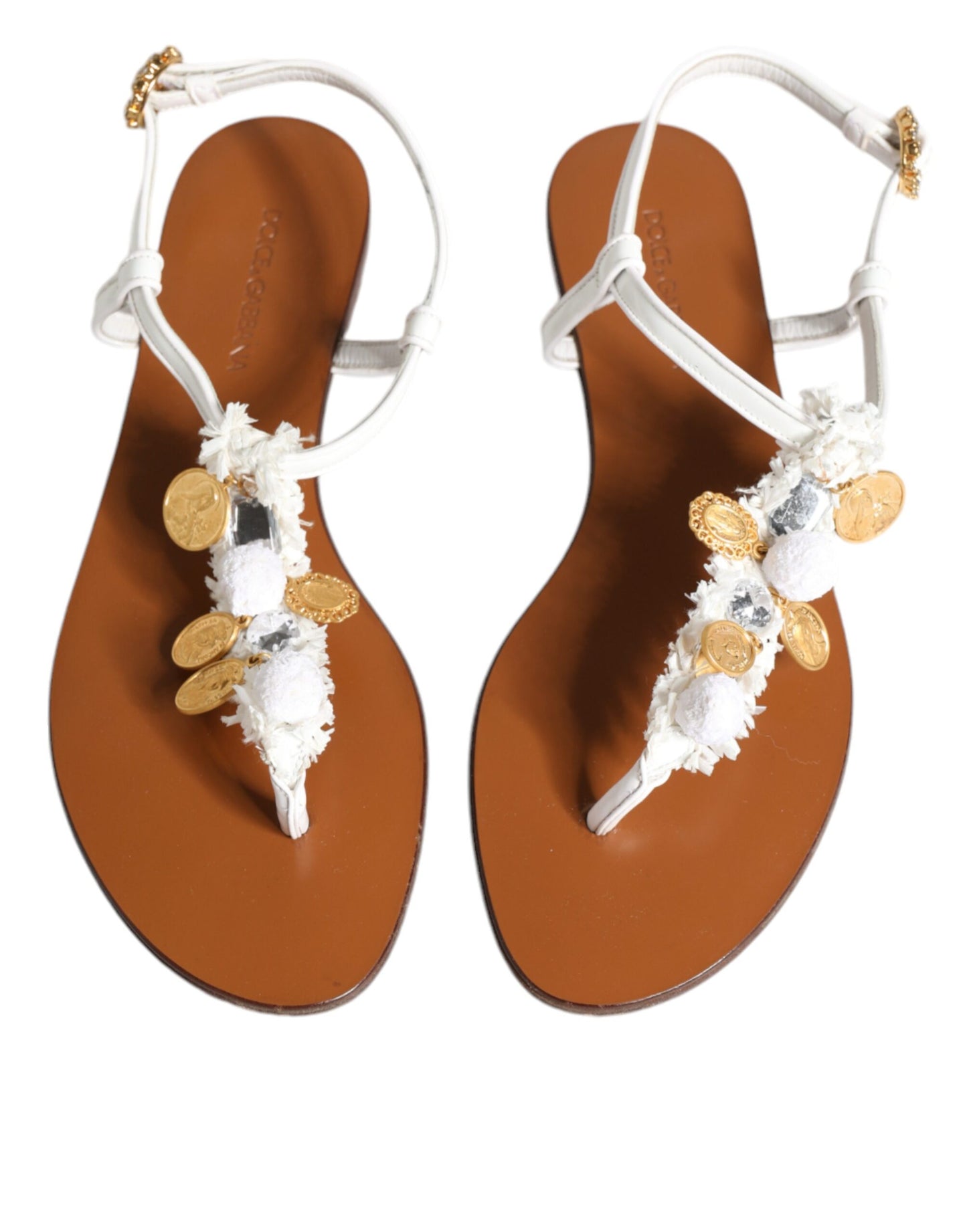  - White Leather Coins Flip Flops Sandals Shoes