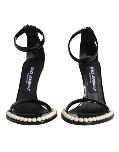  - Black Keira Leather Faux Pearl Sandals Heels Shoes