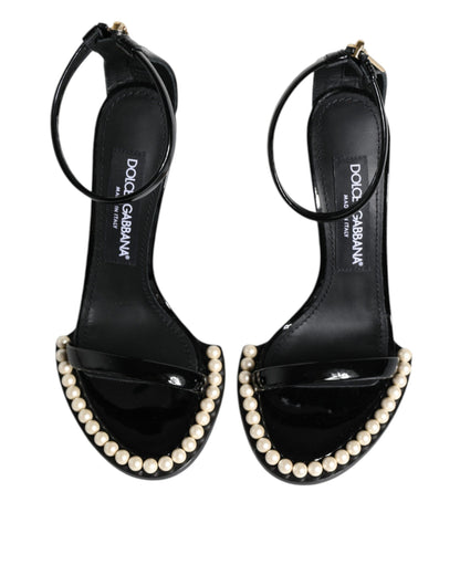  - Black Keira Leather Faux Pearl Sandals Heels Shoes