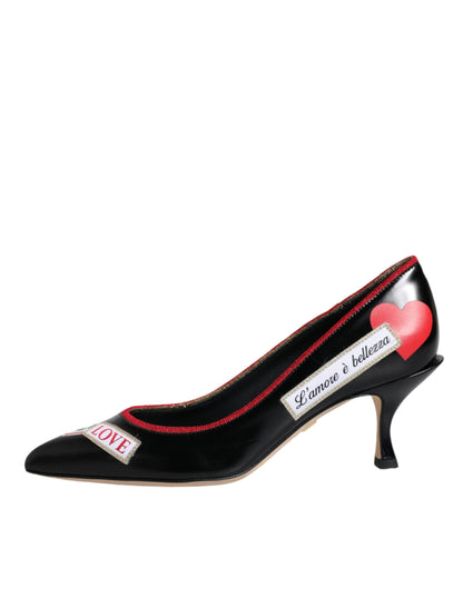  - Black Leather Logo Print Heels Pumps Shoes