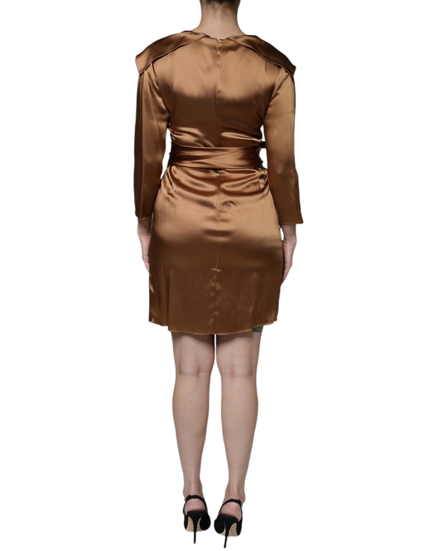  - Brown Satin Long Sleeves Wrap Sheath Mini Dress