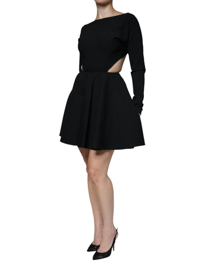  - Black Viscose Cut Out A-line Long Sleeves Mini Dress