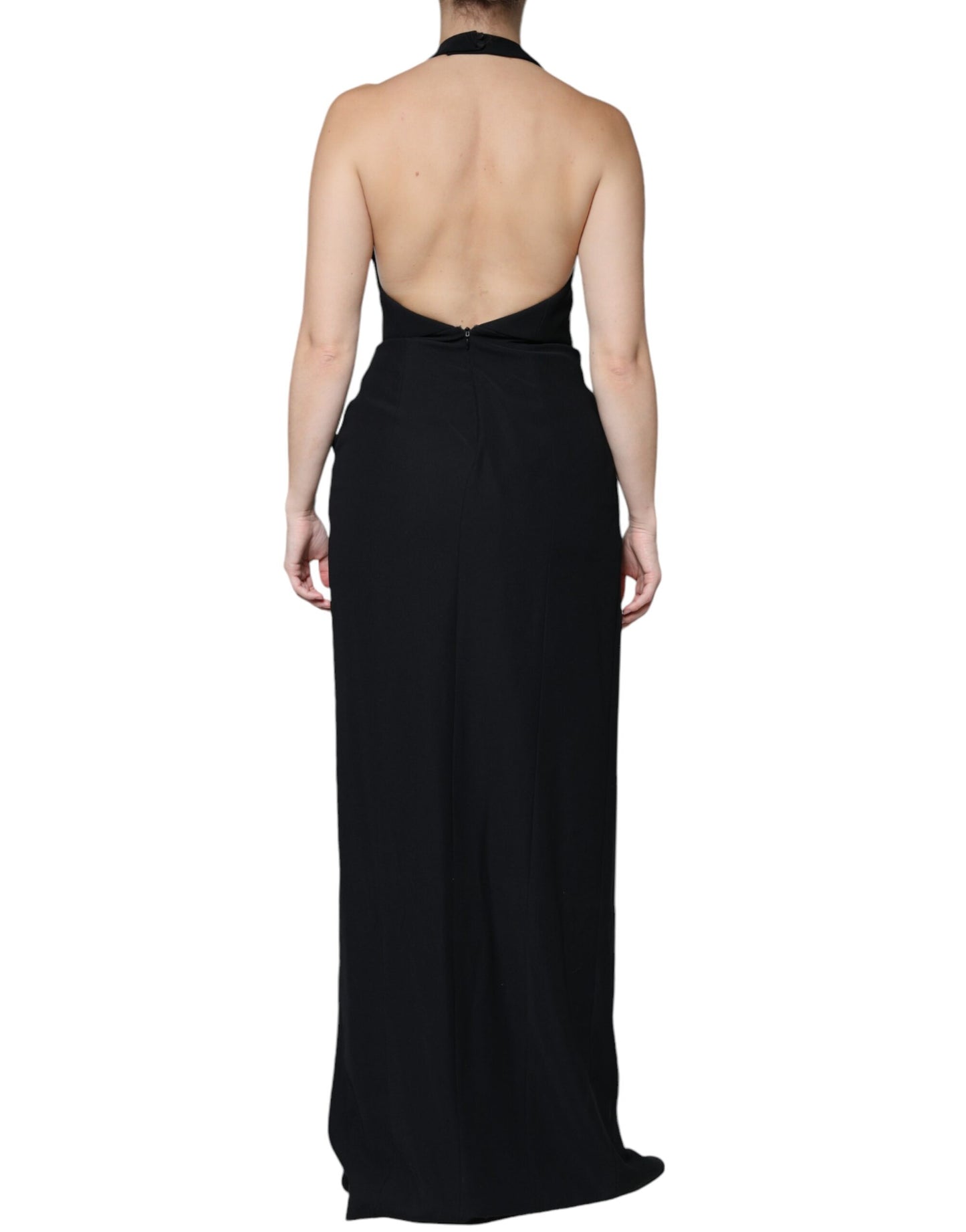  - Black Sleeveless Halter Sheath Long Gown Dress