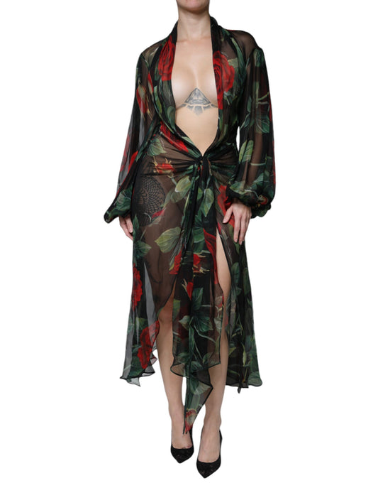  - Black Floral Silk Wrap See Through Dress