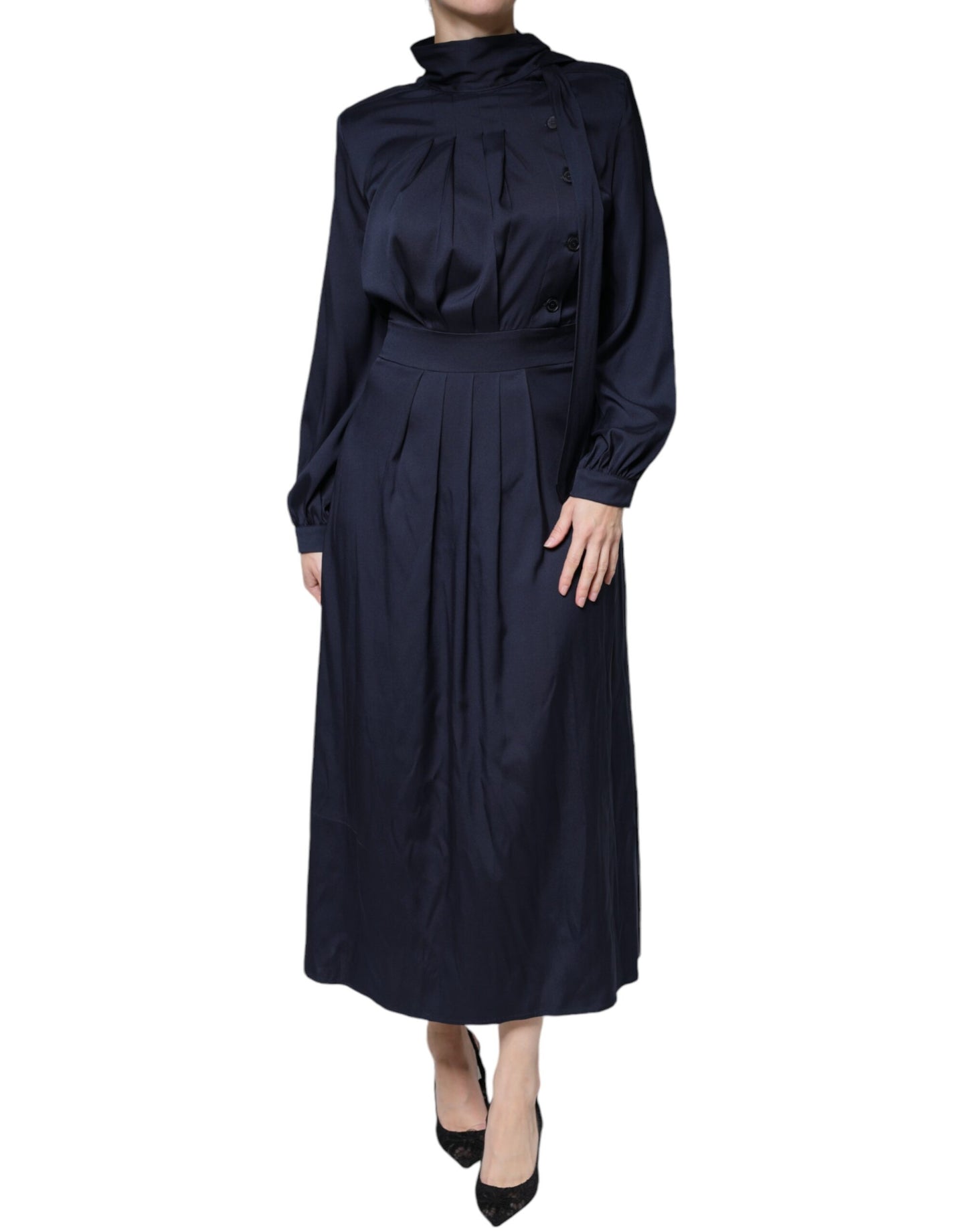  - Dark Blue Long Sleeves Pleated A-line Maxi Dress