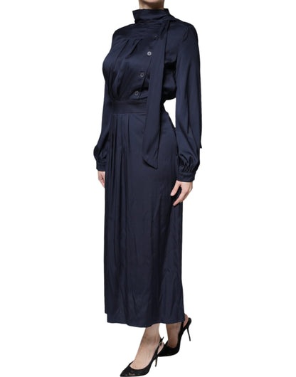  - Dark Blue Long Sleeves Pleated A-line Maxi Dress