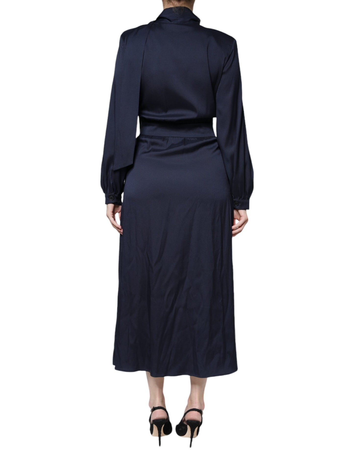  - Dark Blue Long Sleeves Pleated A-line Maxi Dress