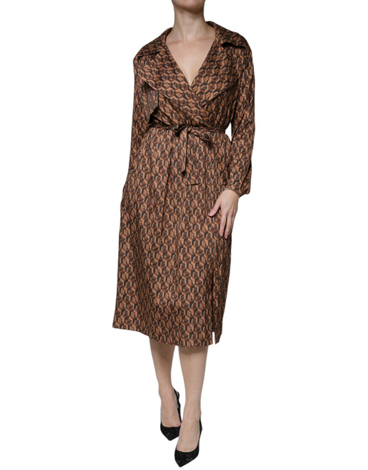  - Brown Printed Long Sleeves V-neck Wrap Midi Dress