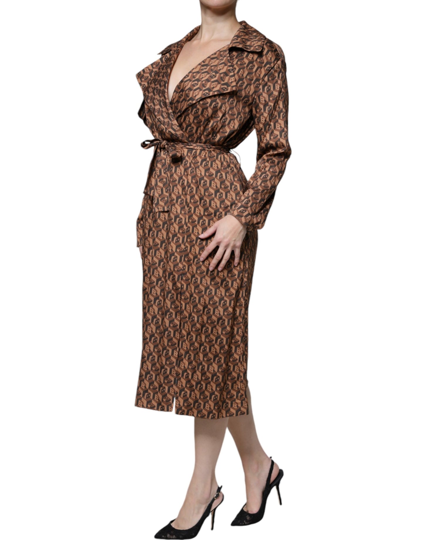  - Brown Printed Long Sleeves V-neck Wrap Midi Dress