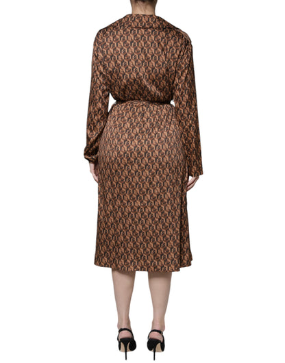  - Brown Printed Long Sleeves V-neck Wrap Midi Dress