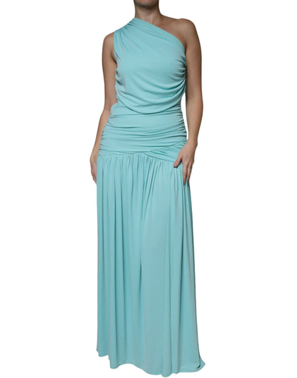  - Light Blue Jersey Long Drape One Shoulder Dress