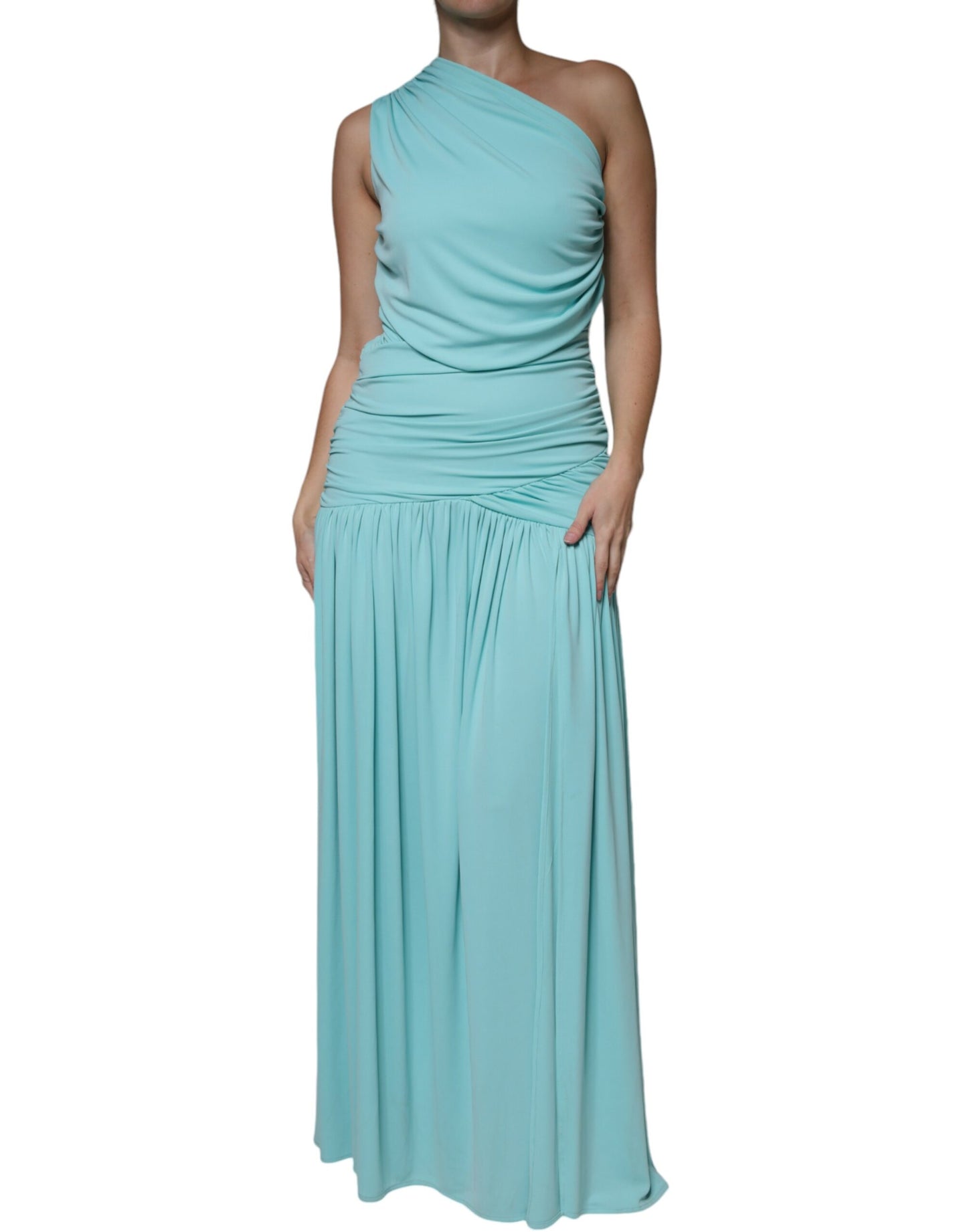  - Light Blue Jersey Long Drape One Shoulder Dress