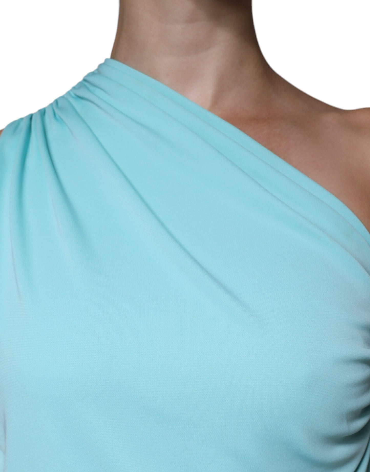  - Light Blue Jersey Long Drape One Shoulder Dress