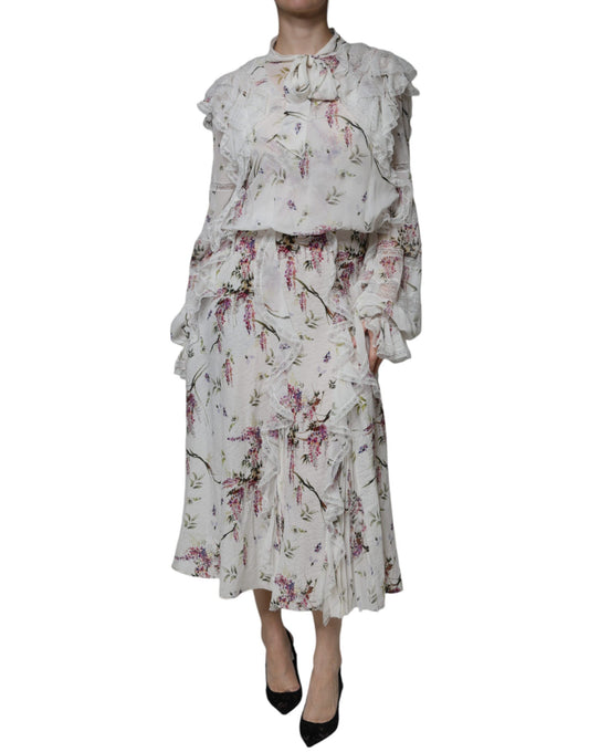  - White Floral Ruffles Lace Long Sleeves Maxi Dress