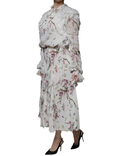  - White Floral Ruffles Lace Long Sleeves Maxi Dress