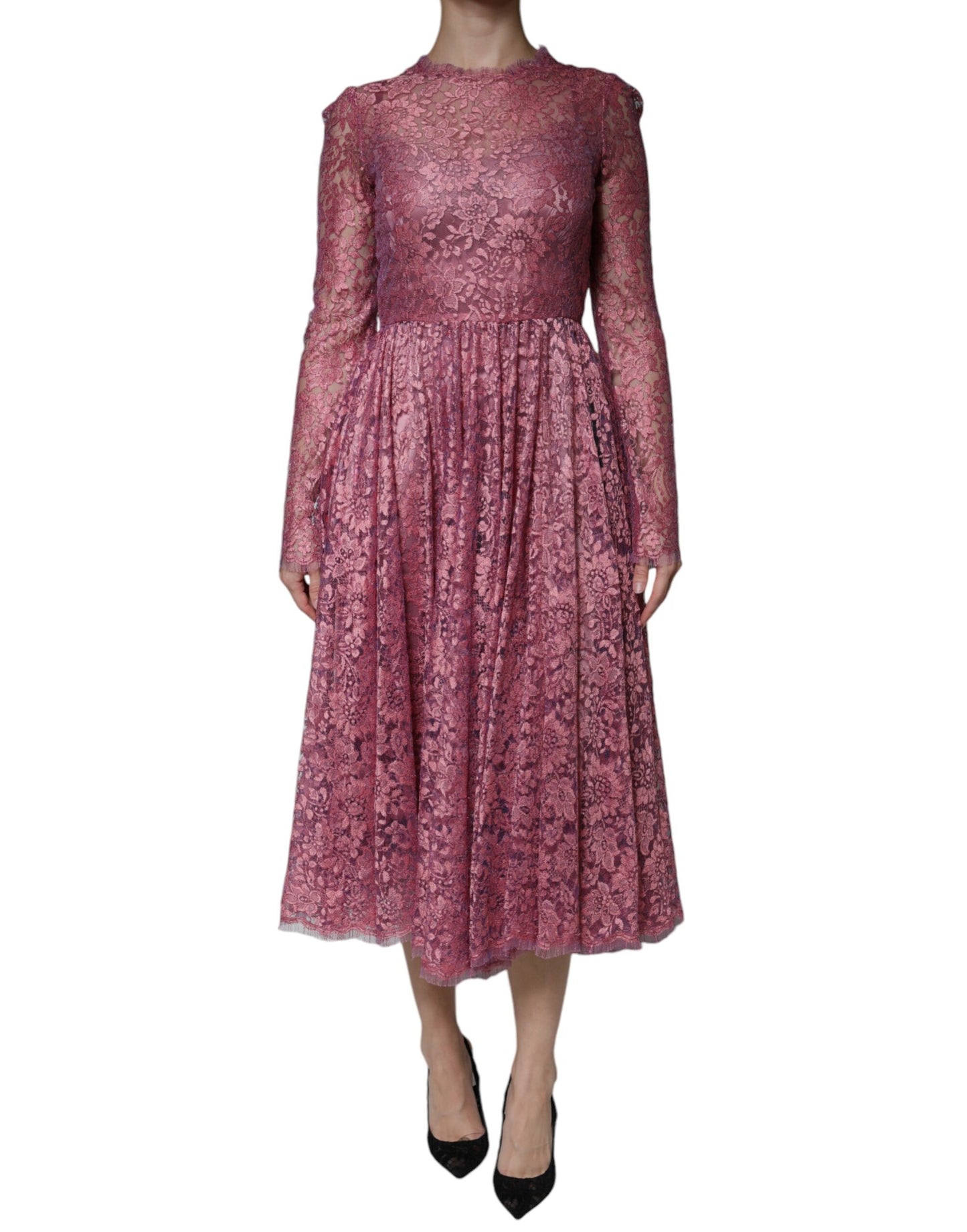  - Fuchsia Floral Lace Long Sleeve Maxi Dress