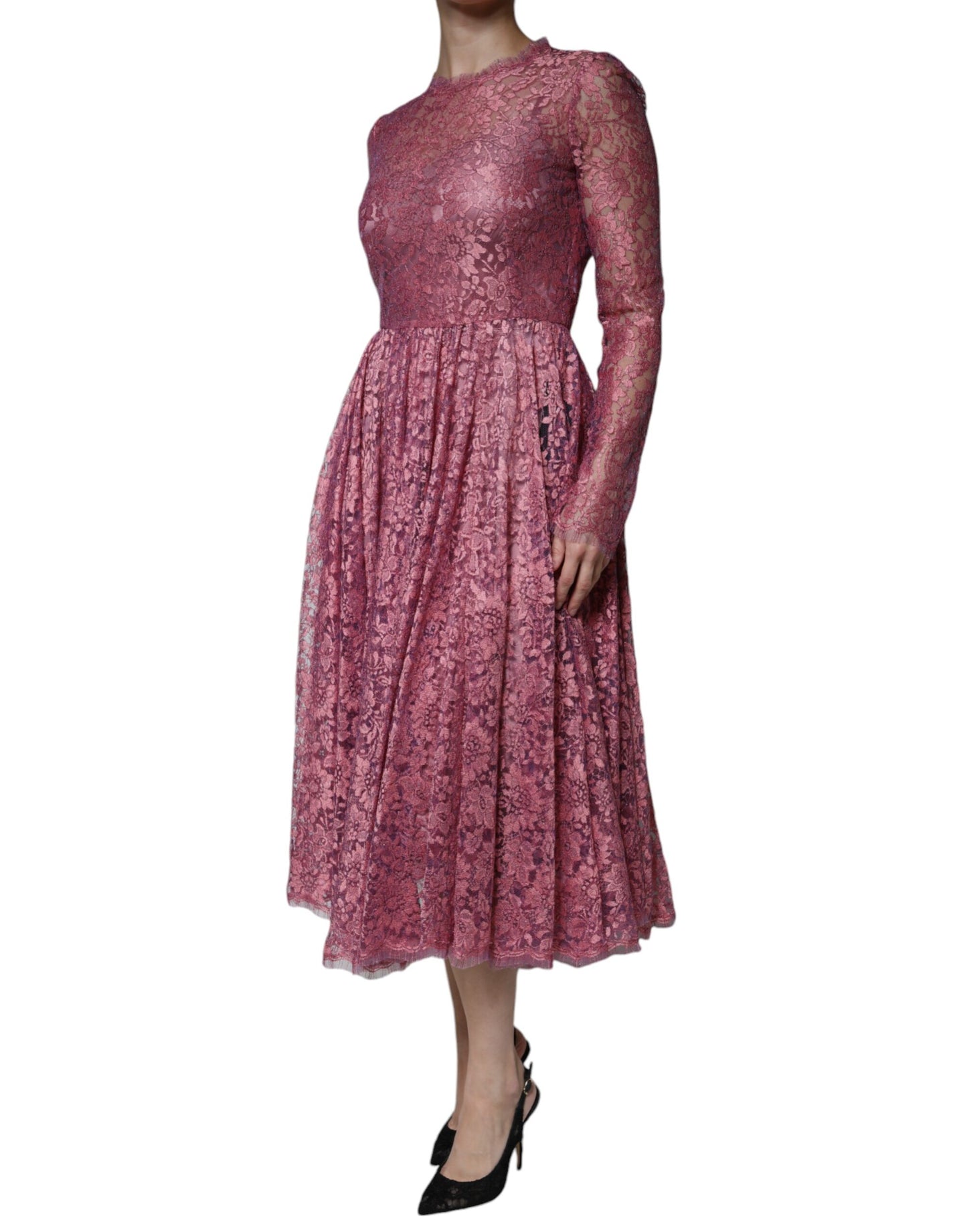  - Fuchsia Floral Lace Long Sleeve Maxi Dress