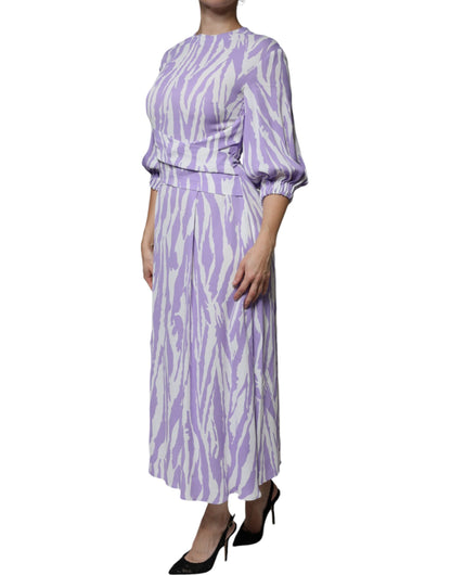  - White Purple Patterned Viscose Short Sleeves Maxi Dress