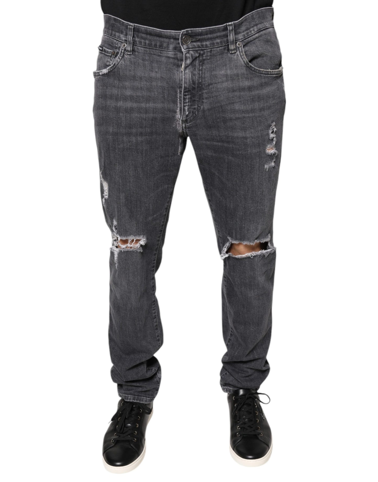 Dark Gray Tattered Cotton Skinny Denim Jeans