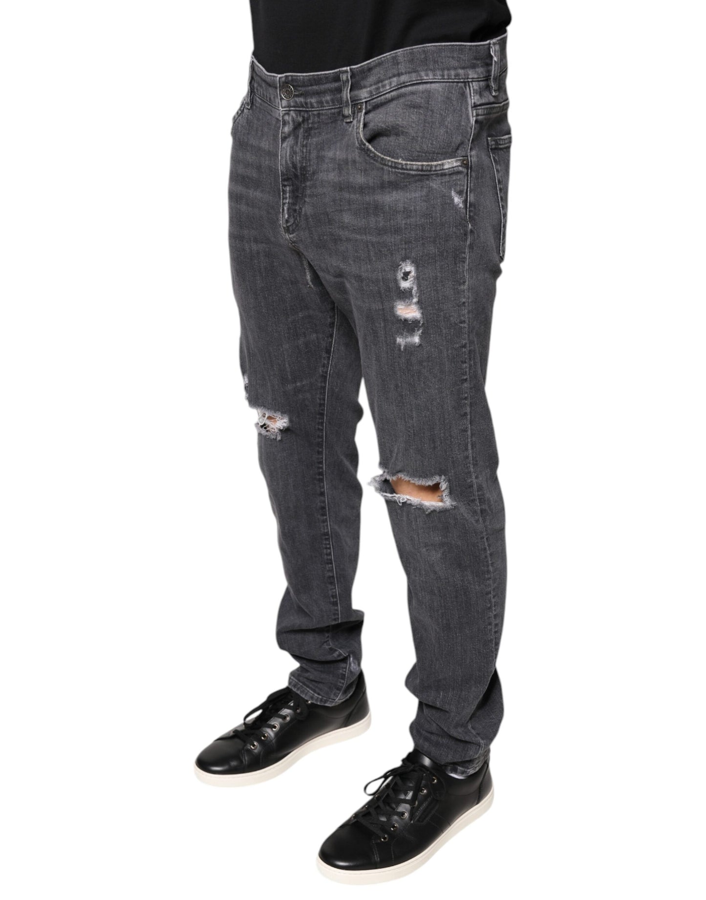 Dark Gray Tattered Cotton Skinny Denim Jeans