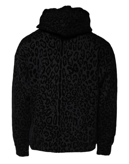 Black Leopard Cotton Hooded Full Zip Sweater