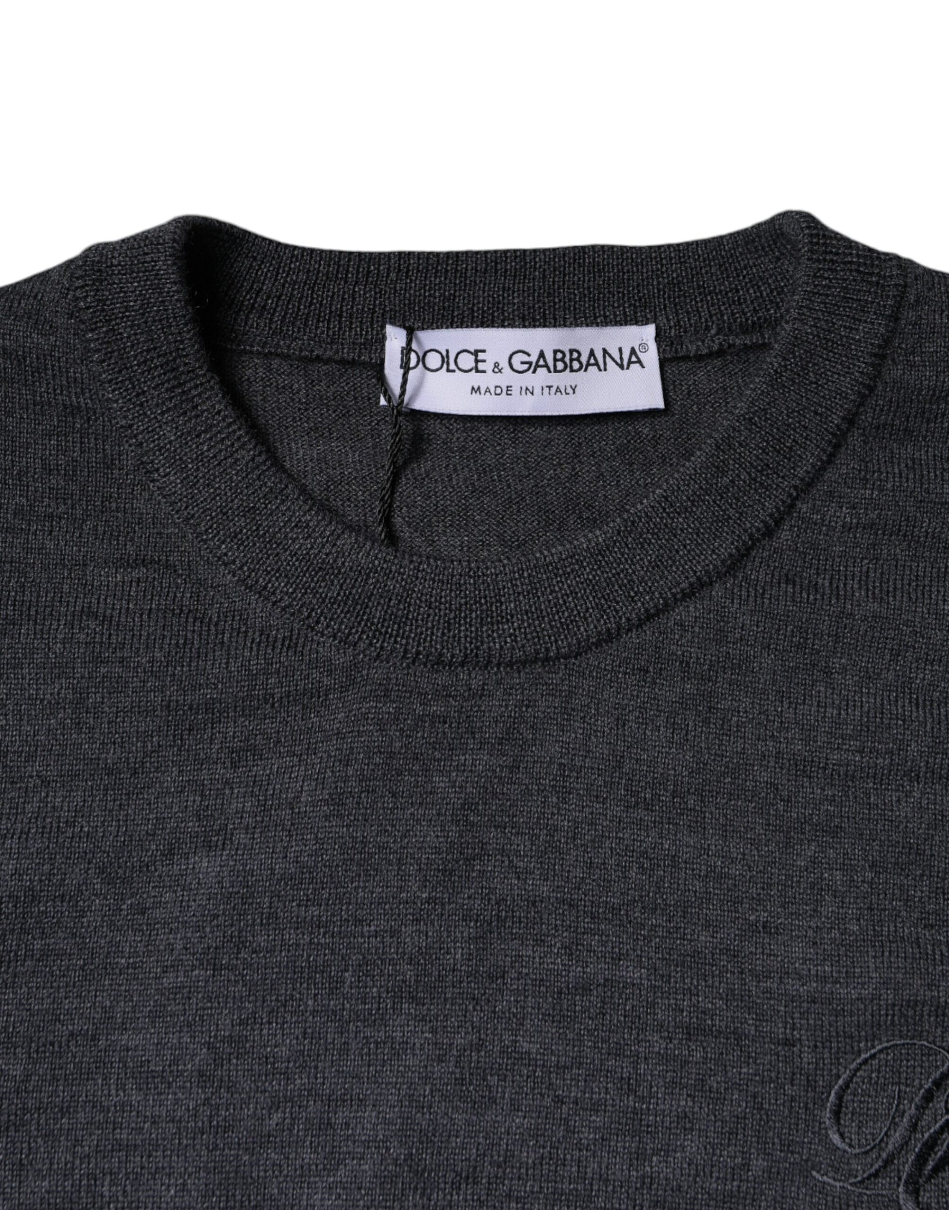Dark Gray Virgin Wool Crew Neck Pullover Sweater by Dolce & Gabbana