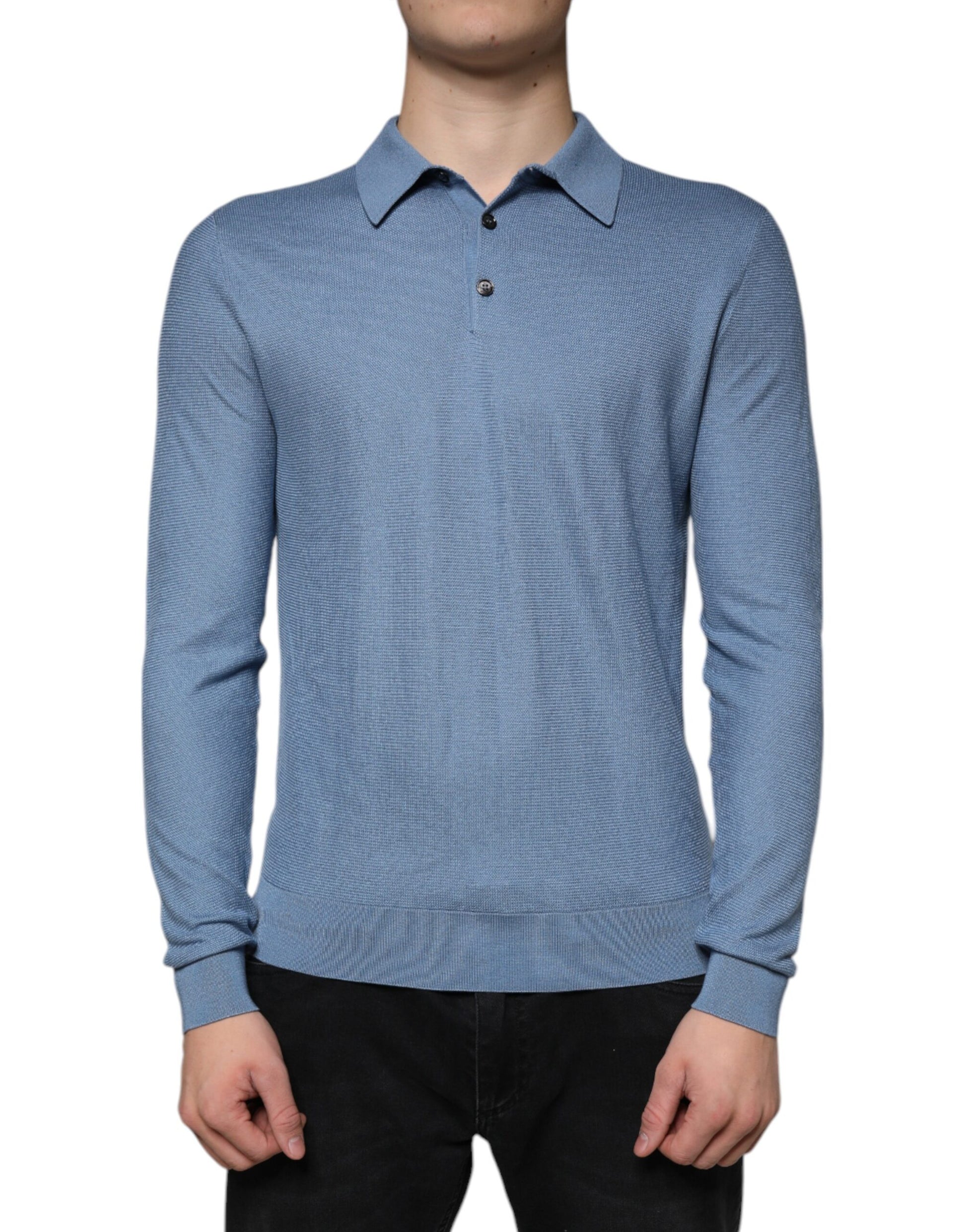 Sky Blue Silk Collared Men Pullover Sweater