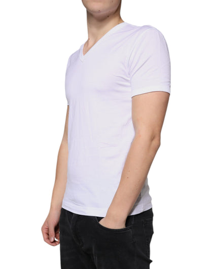 White Cotton V-neck Short Sleeves T-shirt