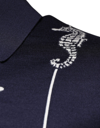 Dark Blue Sea Horse Collared Polo T-shirt