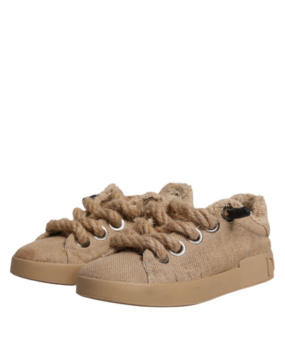 Dolce & Gabbana Brown Jute Fabric Low Top Men Sneakers