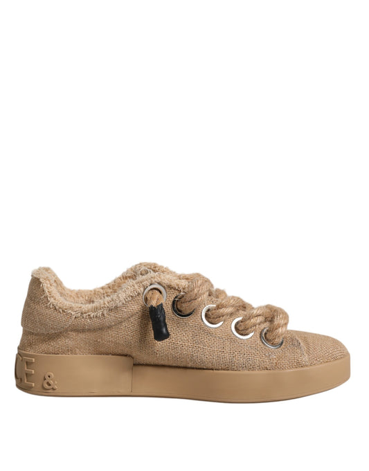 Dolce & Gabbana Brown Jute Fabric Low Top Men Sneakers