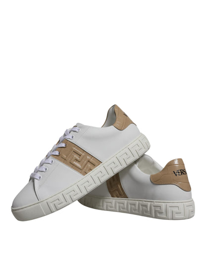 Versace - White & Brown Greca Print Low-Top Sneakers for Men