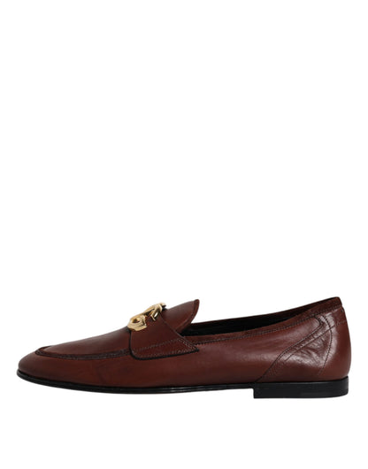 Brown Leather Logo Slip On Men Loafers Shoes