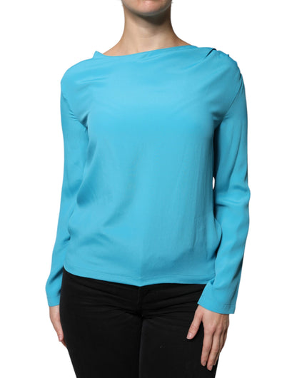 Blue Round Neckline Long Sleeves Blouse Top