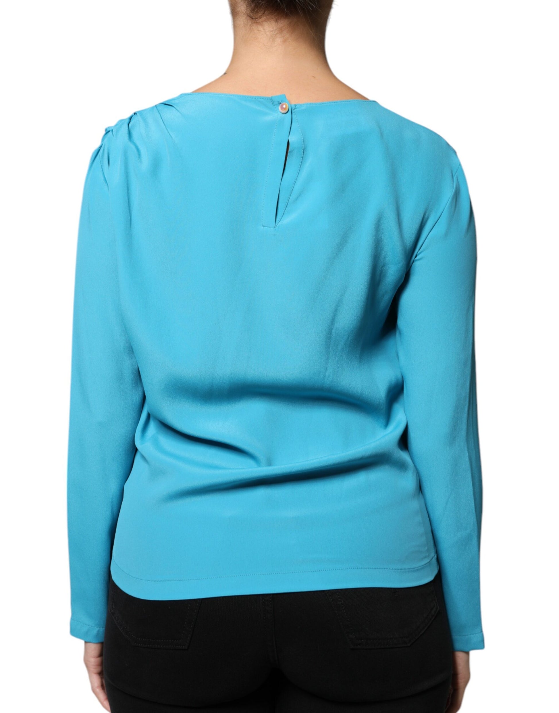 Blue Round Neckline Long Sleeves Blouse Top