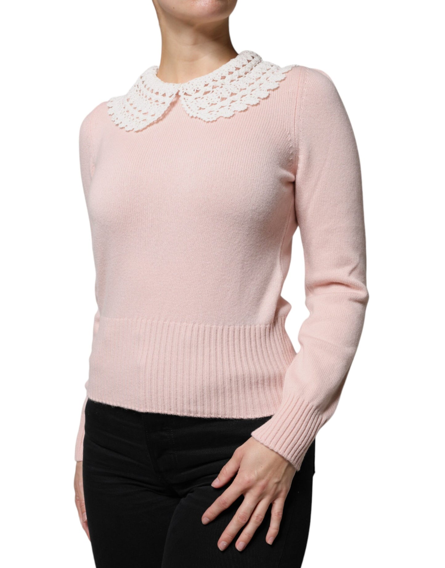 Pink Cashmere Collar Knitted Long Sleeves Top