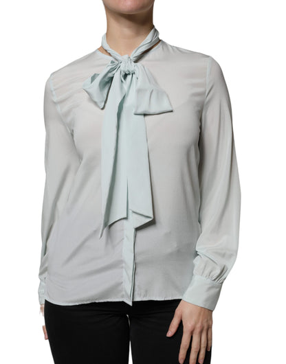 Light Blue Silk Ascot Collared Long Sleeves Top by BALLANTYNE