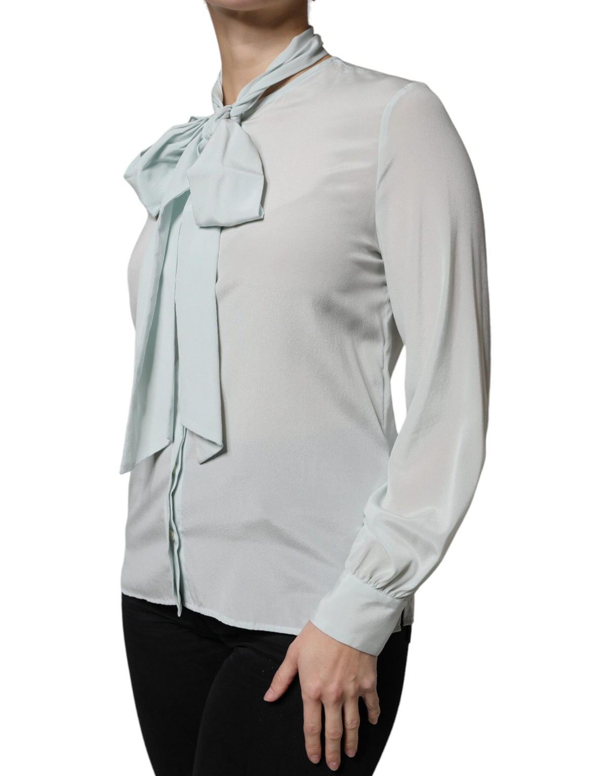 Light Blue Silk Ascot Collared Long Sleeves Top by BALLANTYNE