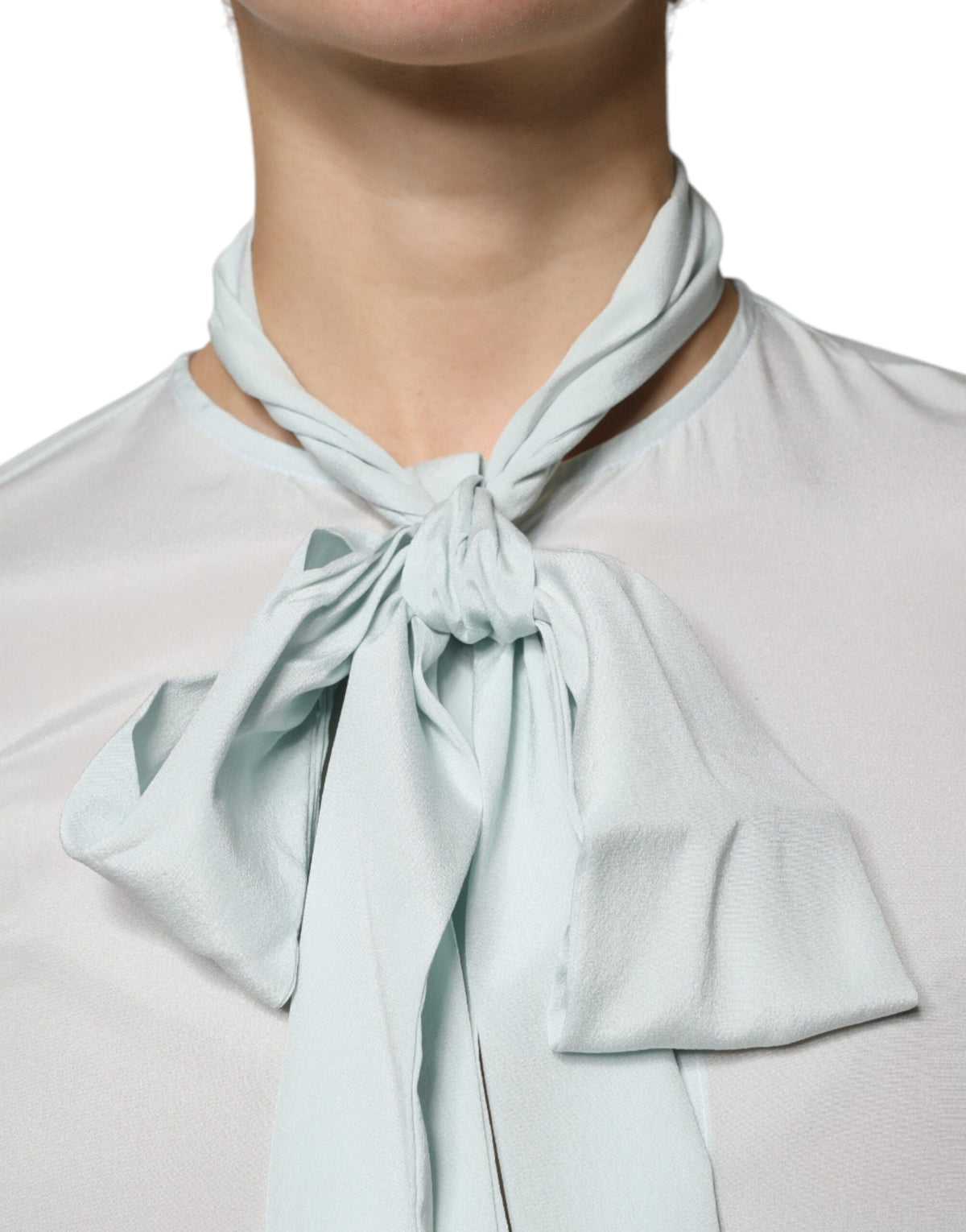 Light Blue Silk Ascot Collared Long Sleeves Top by BALLANTYNE