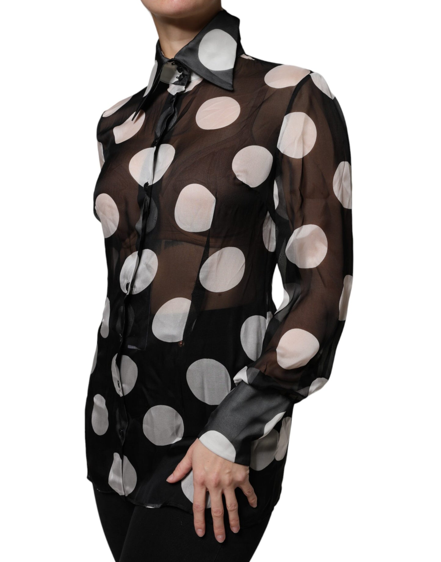 Black White Polka Dots Silk Long Sleeves Top