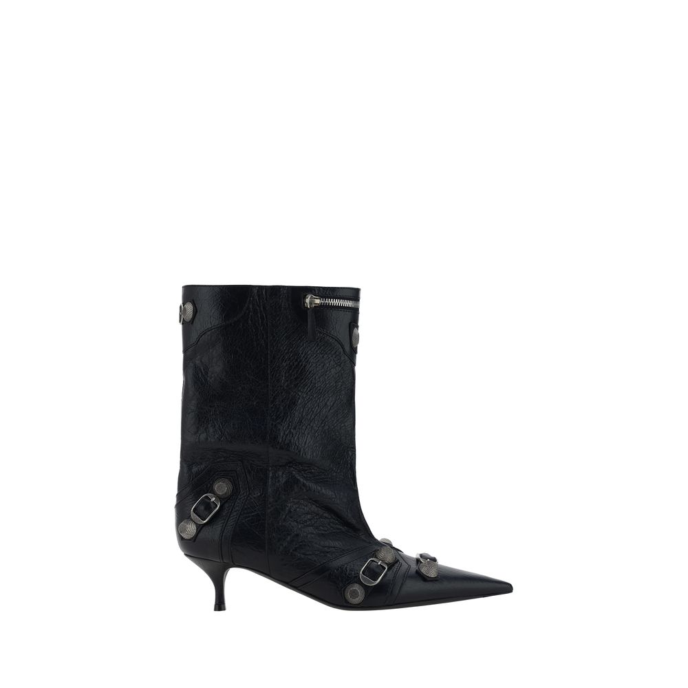 Balenciaga - Black Cagole Ankle Boots, Leather Kitten Heel Boots with Zip, Studs & Buckles