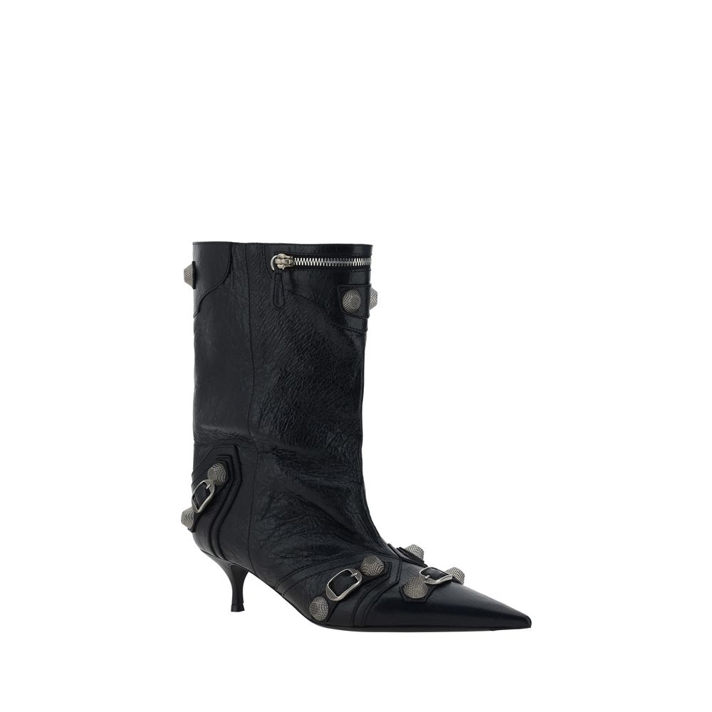 Balenciaga - Black Cagole Ankle Boots, Leather Kitten Heel Boots with Zip, Studs & Buckles