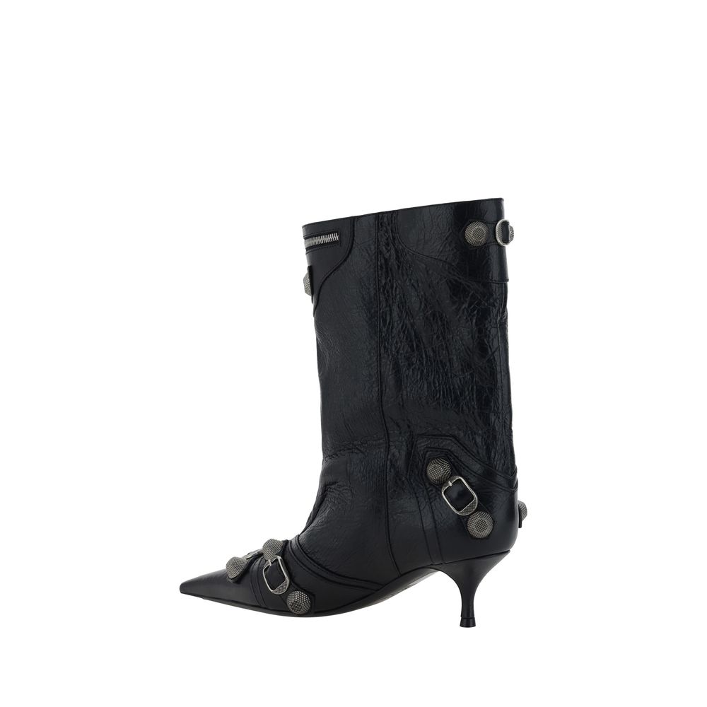 Balenciaga - Black Cagole Ankle Boots, Leather Kitten Heel Boots with Zip, Studs & Buckles