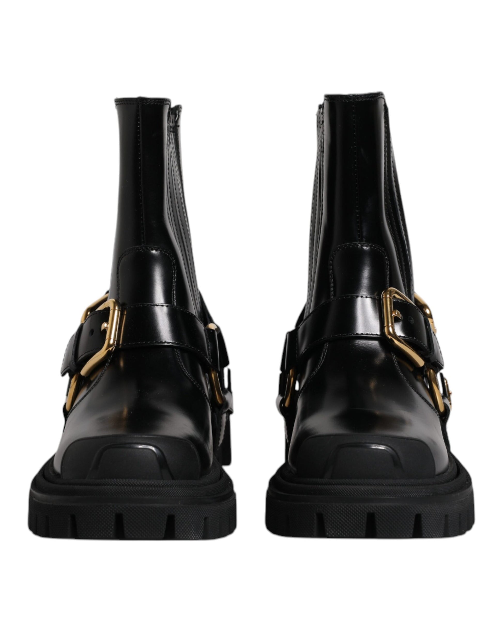 Dolce & Gabbana - Men's Black Leather Slip-On Stretch Trekking Boots with Gold Detailing